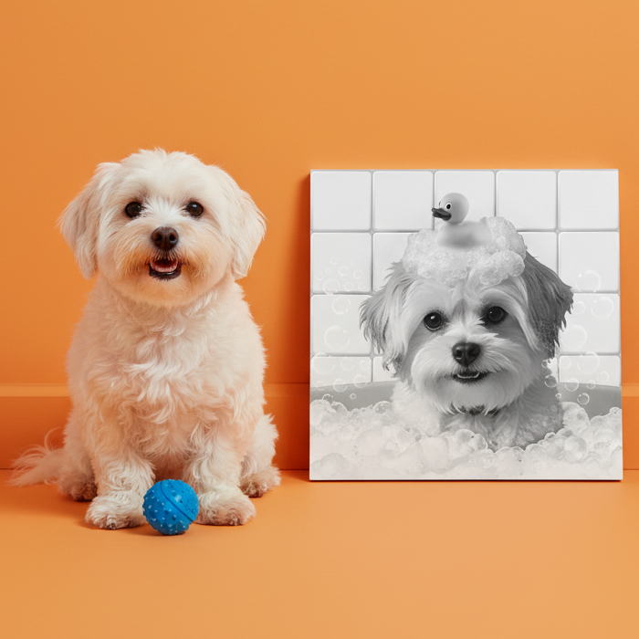 Portrait personnalisé de votre animal de compagnie dans la salle de bain pendant le bain