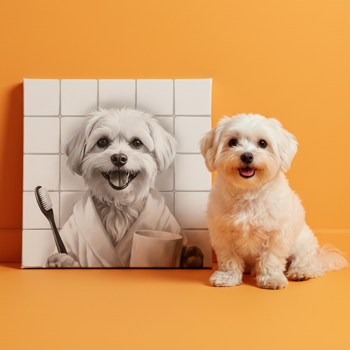 Portrait personnalisé de votre animal de compagnie dans la salle de bain avec une brosse à dents
