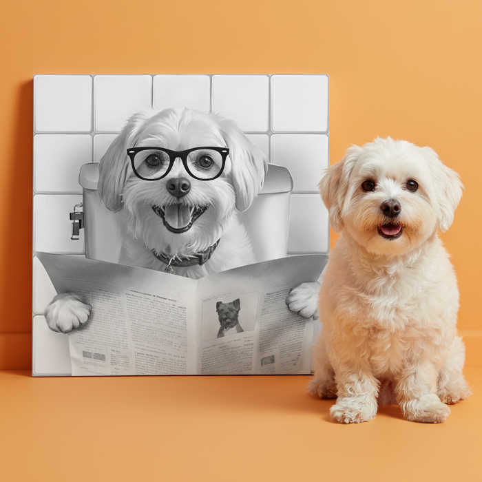 Portrait personnalisé de votre animal de compagnie dans la salle de bain, avec un journal sur les toilettes.