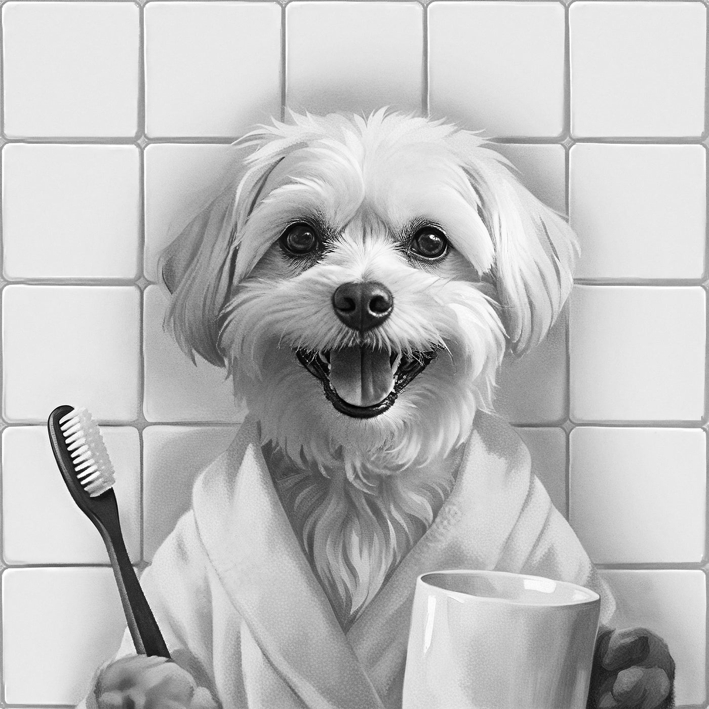 Portrait personnalisé de votre animal de compagnie dans la salle de bain avec une brosse à dents