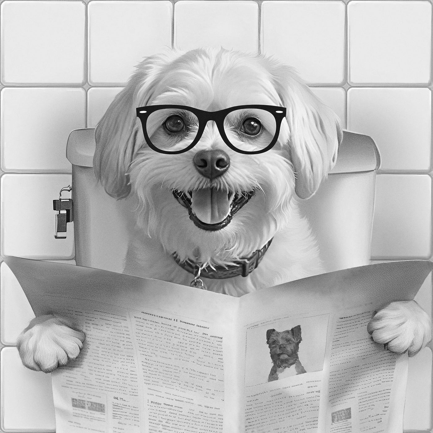 Portrait personnalisé de votre animal de compagnie dans la salle de bain, avec un journal sur les toilettes.